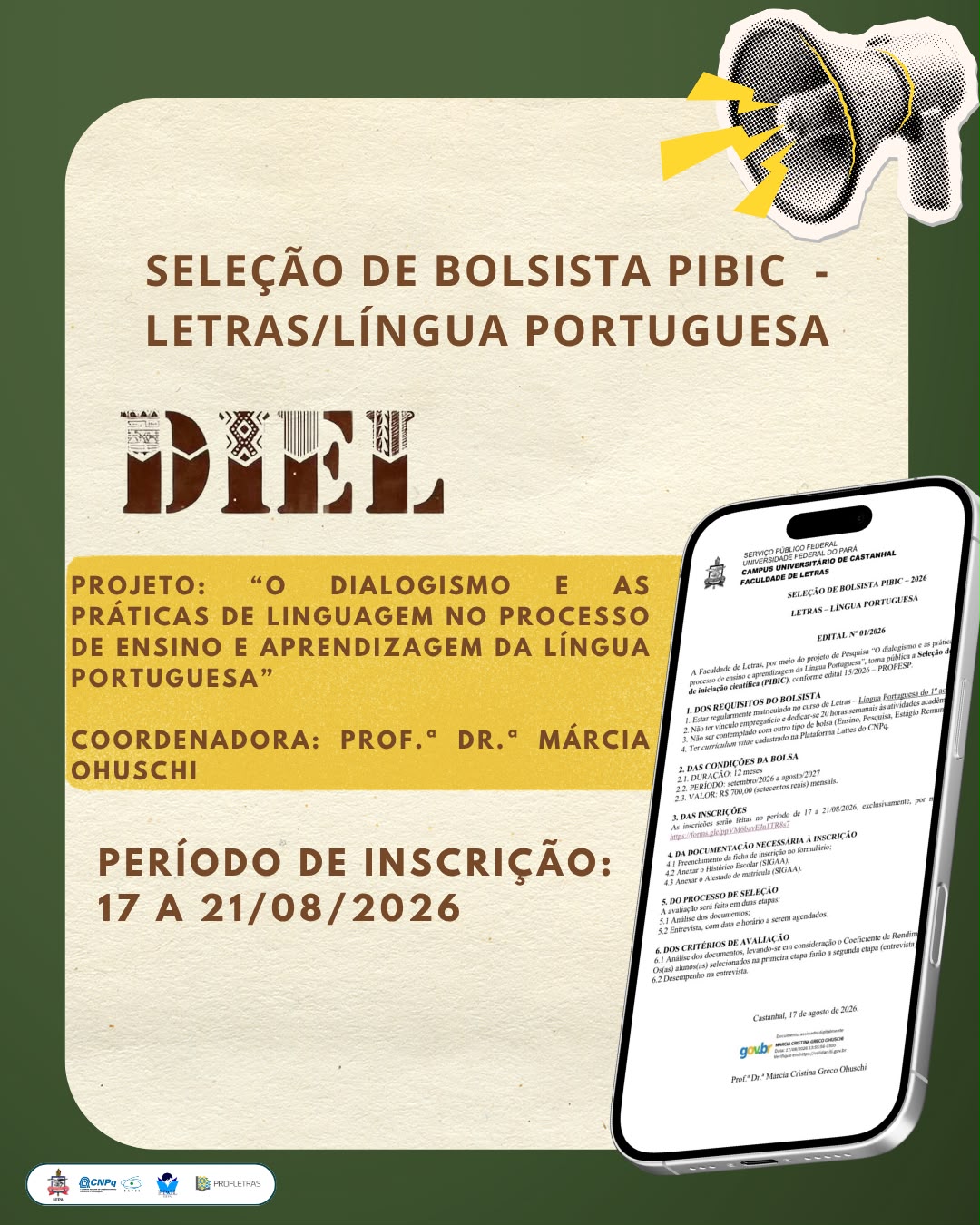 SELEÇÃO PARA BOLSISTA PIBIC – LETRAS/LÍNGUA PORTUGUESA